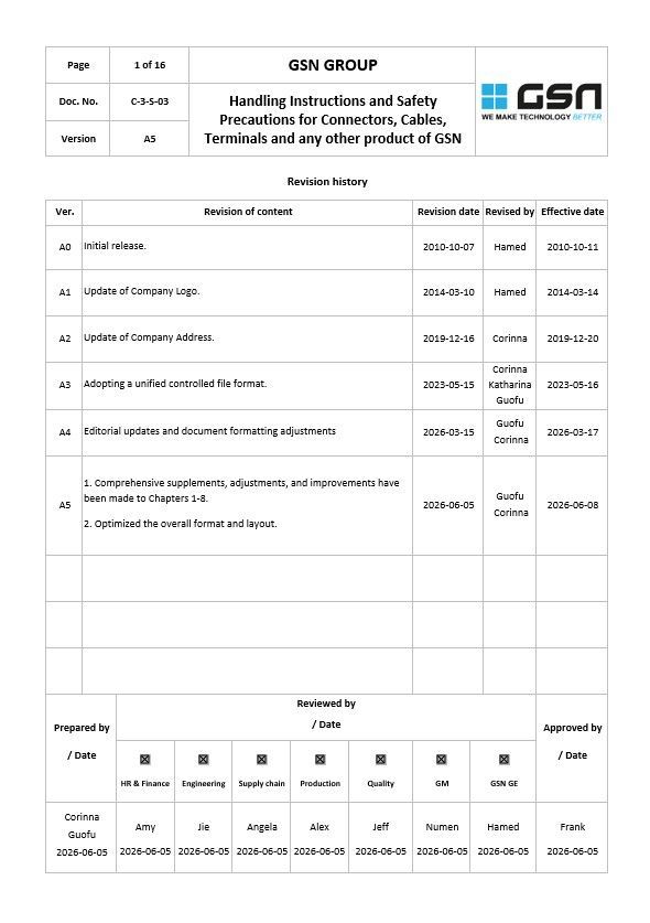 Handling Instructions & Safety Precautions for GSN Products